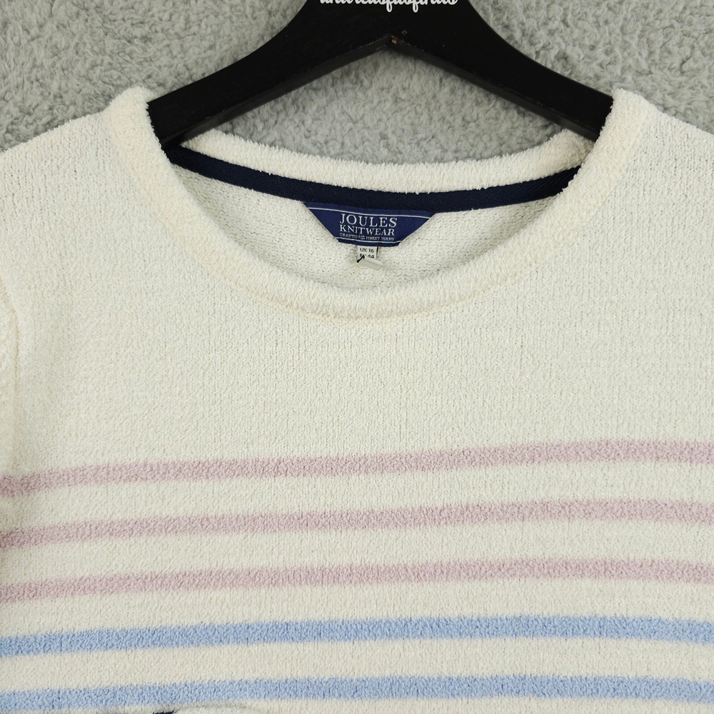 Joules Sweater Womens 12 White Pink Blue Striped Seaham Chenille Fleece Jumper - Picture 11 of 14